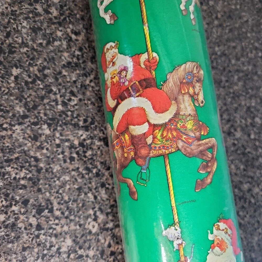 VINTAGE‎ 90's Santa Clause Christmas Wrapping Paper Carousel Horses Giordano